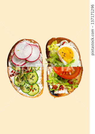 Enjoying Easter brunch with open-faced sandwiches and fresh vegetables for a festive day Enjoying Easter brunch with open-faced sandwiches and fresh vegetables for a festive day 137171296