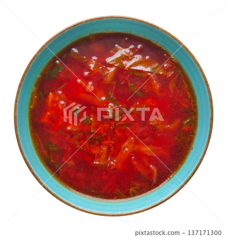 Ukrainian borscht soup in blue ceramic bowl, top view Ukrainian borscht soup in blue ceramic bowl, top view 137171300
