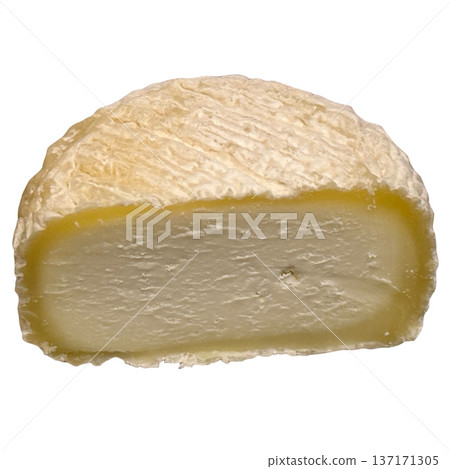 Chevre goat cheese slice showing creamy texture on white background Chevre goat cheese slice showing creamy texture on white background 137171305