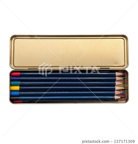 Colored pencils lying in an open gold metal tin Colored pencils lying in an open gold metal tin 137171309
