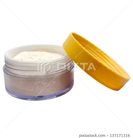 Loose face makeup powder in open container Loose face makeup powder in open container 137171316