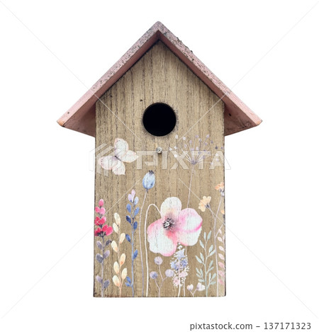 Decorated birdhouse with floral and butterfly design Decorated birdhouse with floral and butterfly design 137171323