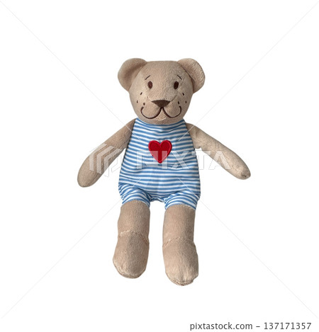Teddy bear plush toy wearing striped swimsuit with heart Teddy bear plush toy wearing striped swimsuit with heart 137171357