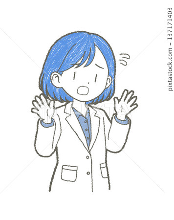Hand-drawn illustration of a female medical professional in a white coat who is in a hurry and troubled state with both hands raised 137171403