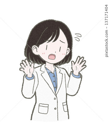 手繪插圖,描繪了一位身穿白大褂的女醫護人員,她神情匆忙、憂心忡忡,雙手高舉。 手繪插圖,描繪了一位身穿白大褂的女醫護人員,她神情匆忙、憂心忡忡,雙手高舉。 137171404