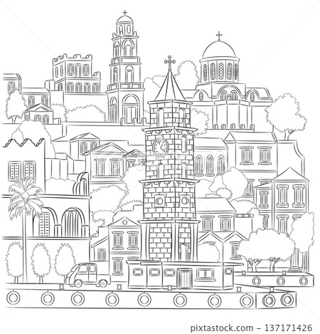 Symi Greece architectural skyline black and white vector illustration 137171426