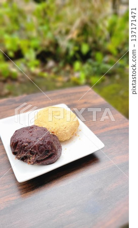 Two types of botamochi served on a plate Two types of botamochi served on a plate 137171471