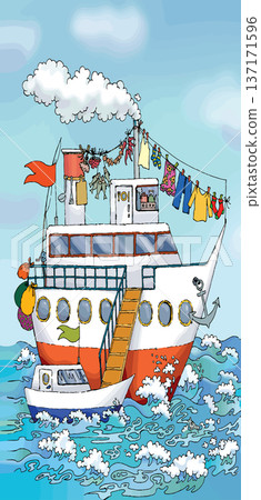 Pencil drawing. The gangway is lowered from the ship onto the boat. Pencil drawing. The gangway is lowered from the ship onto the boat. 137171596