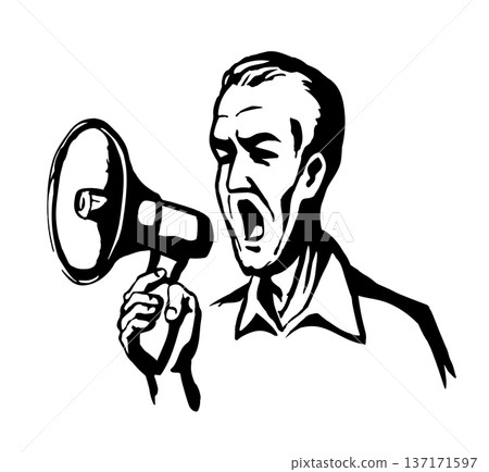 Vector Illustration. Man Shouting Into Megaphone Vector Illustration. Man Shouting Into Megaphone 137171597