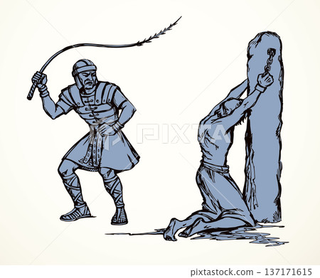 Vector drawing. Beaten man tied to a pole 137171615