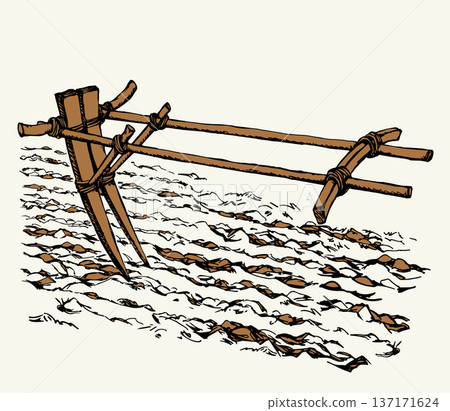 Vector drawing. Old wooden plow Vector drawing. Old wooden plow 137171624