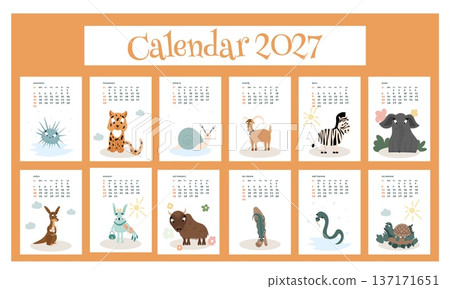 Colorful Children Calendar 2027 with different animals. Colorful Children Calendar 2027 with different animals. 137171651