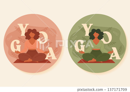 Plus size woman yoga stickers set curvy girl body positive badge vector illustration. Plus size woman yoga stickers set curvy girl body positive badge vector illustration. 137171709