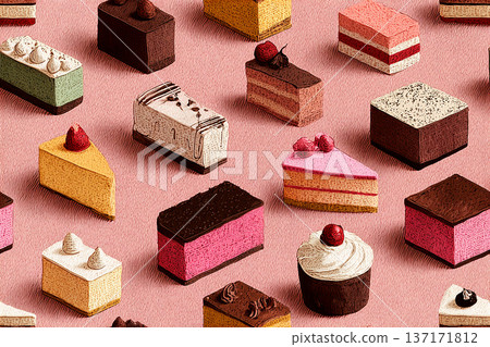 Soft pink and white color. Line Art style. Pieces of cake in natural colors. Seamless pattern. 137171812