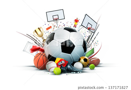 Dynamic Sports Collage with Iconic Equipment and Trophy 137171827