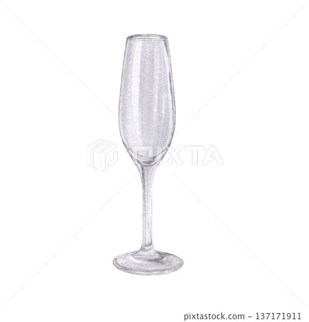 Watercolor Empty Champagne Glass Illustration - Hand-Drawn Transparent Sparkling Wine Flute for Weddings and Celebrations 137171911