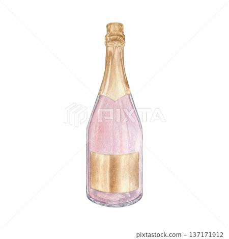 Watercolor Pink Champagne Bottle Illustration - Hand-Drawn Rose Sparkling Wine for Romantic Celebrations and Weddings Watercolor Pink Champagne Bottle Illustration - Hand-Drawn Rose Sparkling Wine for Romantic Celebrations and Weddings 137171912