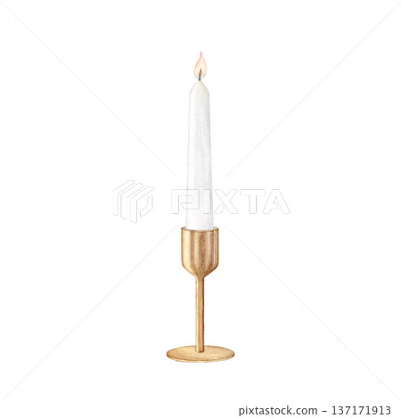 Watercolor Burning White Candle in Gold Holder - Hand-Drawn Romantic Candlelight for Weddings, Christmas, and Home Decor 137171913