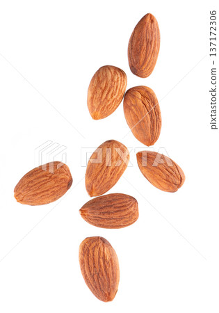 Almond nut isolated on white background. Brown almond nuts. Clipping path. Top view. Almond nut isolated on white background. Brown almond nuts. Clipping path. Top view. 137172306
