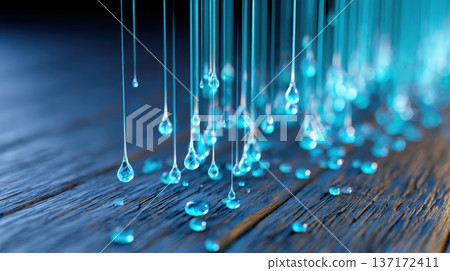 glowing digital data drops falling onto smooth surface, dark blue background, macro perspective, soft light 137172411