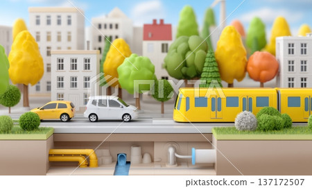 Isometric cross section of a city street, surface level with cars and trees, underground level with subway train and pipes, urban infrastructure concept 137172507