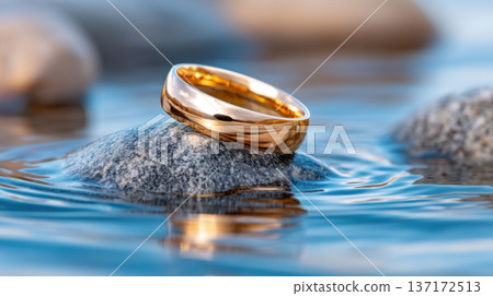 Jewelry product photography, a simple gold band ring lying on a wet dark river stone, surrounded by calm water ripples, moody natural lighting 137172513