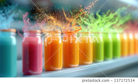 Juice bar display shelf. Bottles of colorful fresh juice. Above each bottle, a dynamic holographic splash animation represents the energy and vitamin content 137172514