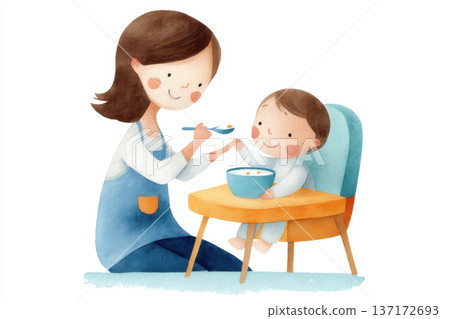 Watercolor illustration of a happy mother feeding her baby with a spoon. High chair, bowl of porridge. Bright and fresh colors. Healthy nutrition concept 137172693