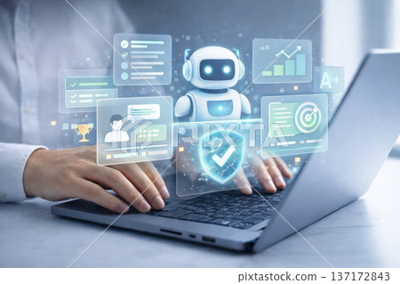 A Virtual Assistant Engaging with Users Through a Laptop, Showcasing Graphs, Data Analytics, and Interactive Features in a Modern Digital Workspace A Virtual Assistant Engaging with Users Through a Laptop, Showcasing Graphs, Data Analytics, and Interactive Features in a Modern Digital Workspace 137172843