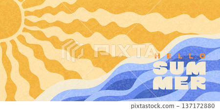 Greeting summer with hello on background with wavy sea, wavy hand drawn sun rays. Happy summer textured theme. Bright positive vibe design. Template for sales, posters, covers, fashion, ads. Vector Greeting summer with hello on background with wavy sea, wavy hand drawn sun rays. Happy summer textured theme. Bright positive vibe design. Template for sales, posters, covers, fashion, ads. Vector 137172880