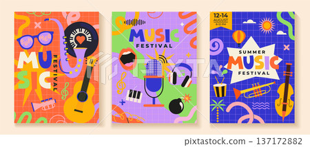 Set of summer music festival flyers on fun childish background. Musical fest party,concept of live music festival, jazz and rock event. Posters with musical instrument and vinyl record. Vector 137172882