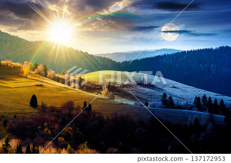 autumn landscape of rural region in mountains. day and night time change concept. rolling hills with green alps with sun and moon. serene countryside under cloudy sky. duality and transition template autumn landscape of rural region in mountains. day and night time change concept. rolling hills with green alps with sun and moon. serene countryside under cloudy sky. duality and transition template 137172953