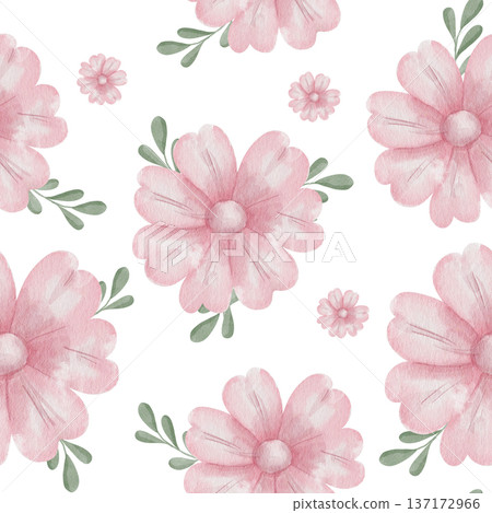 Seamless watercolor pattern pink daisies and green leaves, hand-drawn floral repeat background, delicate botanical motif. For eco-friendly cosmetic packaging, fabric, flower shop display, on white Seamless watercolor pattern pink daisies and green leaves, hand-drawn floral repeat background, delicate botanical motif. For eco-friendly cosmetic packaging, fabric, flower shop display, on white 137172966