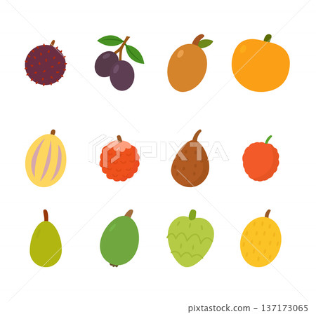 Tropical fruit icons collection. Flat vector colorful exotic fruits illustration Tropical fruit icons collection. Flat vector colorful exotic fruits illustration 137173065