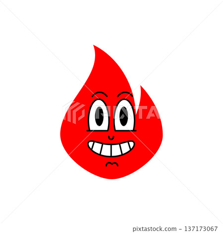 Red flame cartoon with nervous smile and wide eyes. Funny fire character illustration for playful design and kids projects. Red flame cartoon with nervous smile and wide eyes. Funny fire character illustration for playful design and kids projects. 137173067