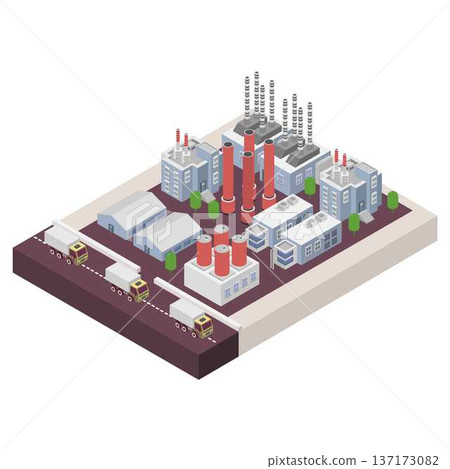 Industrial work plant concept with isometric chimney tower Industrial work plant concept with isometric chimney tower 137173082