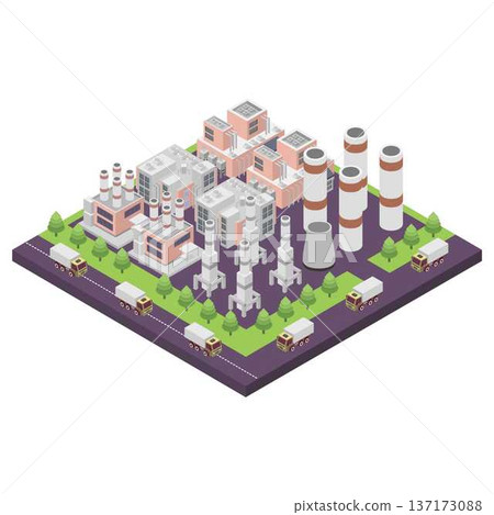Industrial work plant concept with isometric chimney tower Industrial work plant concept with isometric chimney tower 137173088