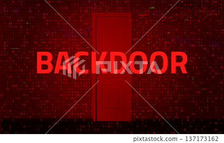 Backdoor cybersecurity threat concept with red alert warning on binary code background illustrating malicious software vulnerability Backdoor cybersecurity threat concept with red alert warning on binary code background illustrating malicious software vulnerability 137173162