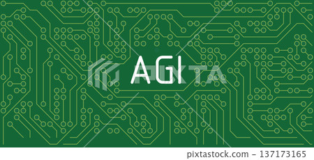 Artificial general intelligence AGI concept with golden letters on green circuit board background illustrating advanced machine learning technology 137173165