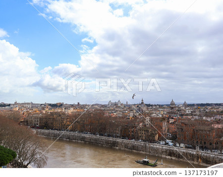 Panoramic View of Rome Skyline Along the Tiber River With Historic Domes and Riverside Buildings Panoramic View of Rome Skyline Along the Tiber River With Historic Domes and Riverside Buildings 137173197