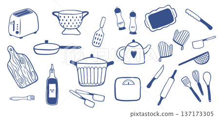 Set of hand-drawn vector illustrations of kitchen utensils: frying pans, pots, rolling pin, toaster. A minimalist line style with a trendy aesthetic, perfect for menus, packaging, and social media. 137173305