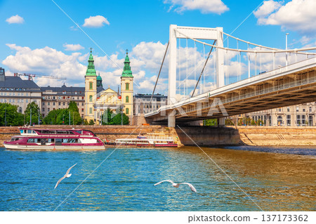 Elisabeth Bridge with historic buildings of Pest city center, view from Danube River, Budapest, Hungary Elisabeth Bridge with historic buildings of Pest city center, view from Danube River, Budapest, Hungary 137173362