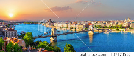 Full Panorama of Budapest landmark, famous Chain Bridge with Parliament and Margaret Island, Hungary Full Panorama of Budapest landmark, famous Chain Bridge with Parliament and Margaret Island, Hungary 137173592