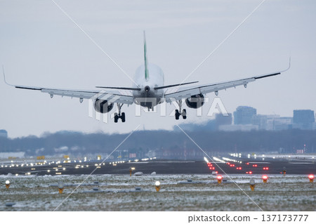 Commercial airplane descending for landing on a runway lit by signal lamps Commercial airplane descending for landing on a runway lit by signal lamps 137173777