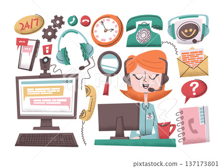 Professional woman operator character in headset working at laptop and customer support elements Professional woman operator character in headset working at laptop and customer support elements 137173801