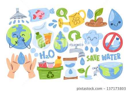World water day elements set with planet earth, natural eco-friendly detergents and ecology icons 137173803