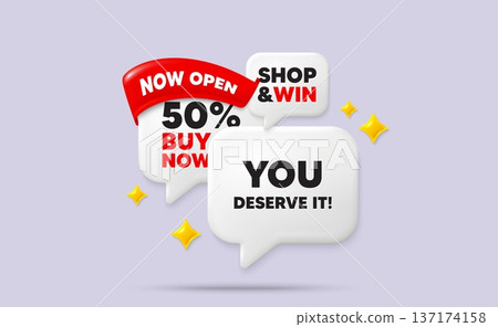 You deserve it speech bubbles. Now open flag ribbon. You deserve it tag. Special offer sign. Advertising promo symbol. Discount chat bubbles with 3d sparkles. Vector You deserve it speech bubbles. Now open flag ribbon. You deserve it tag. Special offer sign. Advertising promo symbol. Discount chat bubbles with 3d sparkles. Vector 137174158