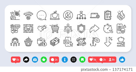 Difficult stress, Food and Fishing lure line icons pack. Social media: share, comment, like icons. Shopping cart, Pasta, Phone image web icon. Love message, 5g wifi, Cyber attack pictogram. Vector Difficult stress, Food and Fishing lure line icons pack. Social media: share, comment, like icons. Shopping cart, Pasta, Phone image web icon. Love message, 5g wifi, Cyber attack pictogram. Vector 137174171
