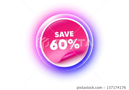 Discount sticker purple gradient. Paper offer price tag. Save 60 percent off tag. Sale Discount offer price sign. Special offer symbol. Sticker label. Grain dots effect. Vector 137174176