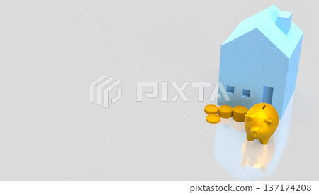 Golden Piggy Bank with House Investment Concept 3d render. 137174208